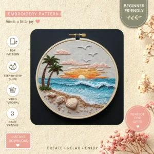 Main preview of seaside sunset serene craft hand embroidery pattern showing landscape, tree, sunset, ocean, and beach in a hand stitched hoop art design