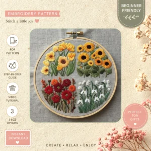 Main preview of seasonal celebrate spring embroidered hand embroidery pattern showing flowers, wildflowers, garden, and nature in a hand stitched hoop art design