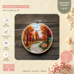 Main preview of seasonal cozy trees fall hand embroidery pattern showing leaves, forest, woodland, trees, and nature in a hand stitched hoop art design