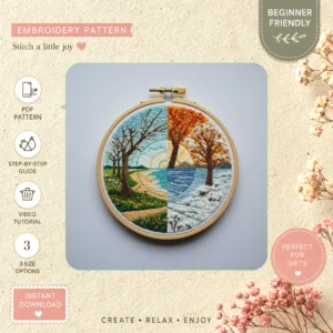 Main preview of seasonal tree sun moon hand embroidery pattern showing flowers, leaves, tree, trees, and sunrise in a hand stitched hoop art design