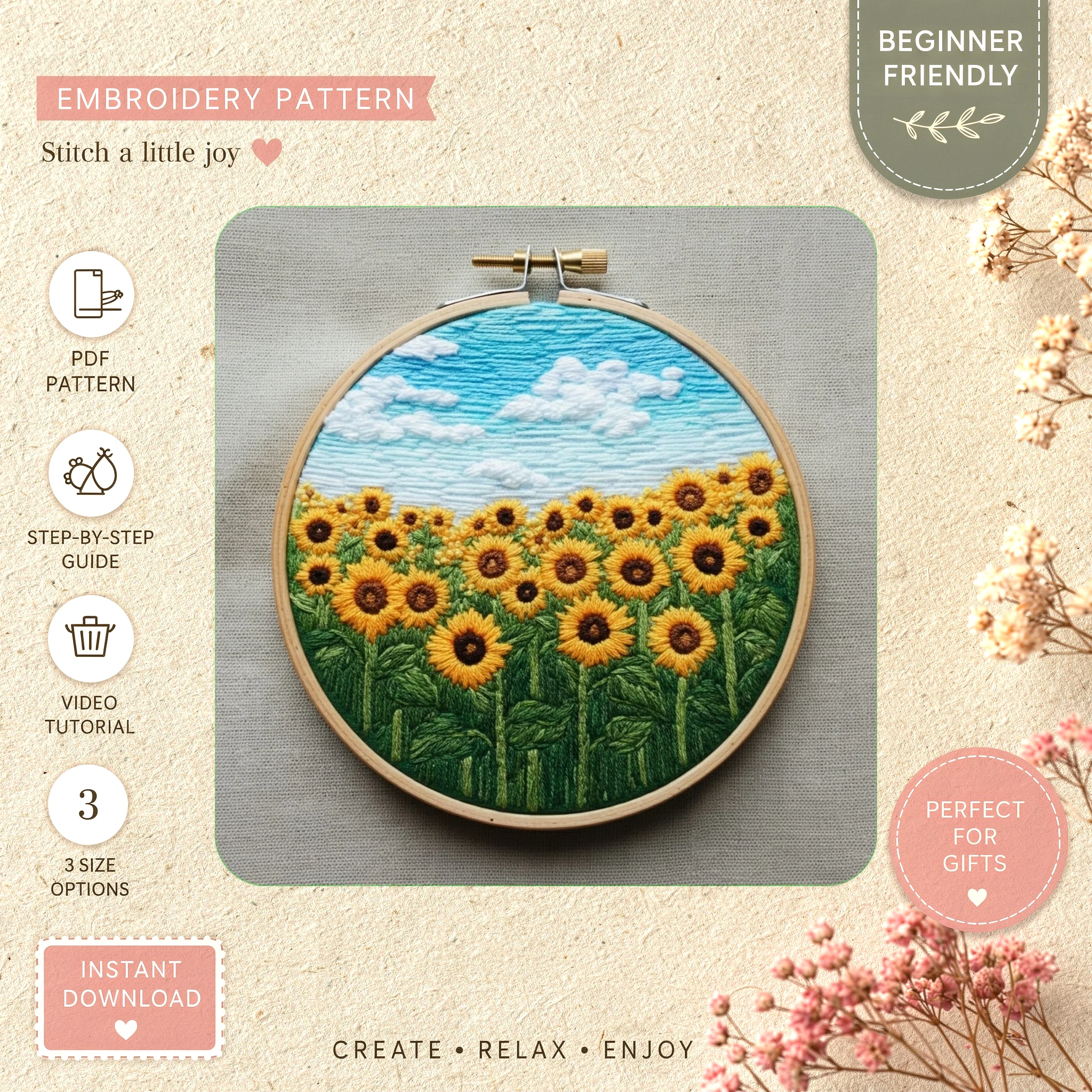 Main preview of seasonal vibrant sunflower meadow hand embroidery pattern showing sunflower, meadow, and home in a hand stitched hoop art design