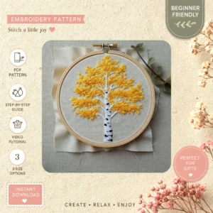Main preview of seasonal vivid tree yellow hand embroidery pattern showing leaves, tree, nature, and home in a hand stitched hoop art design