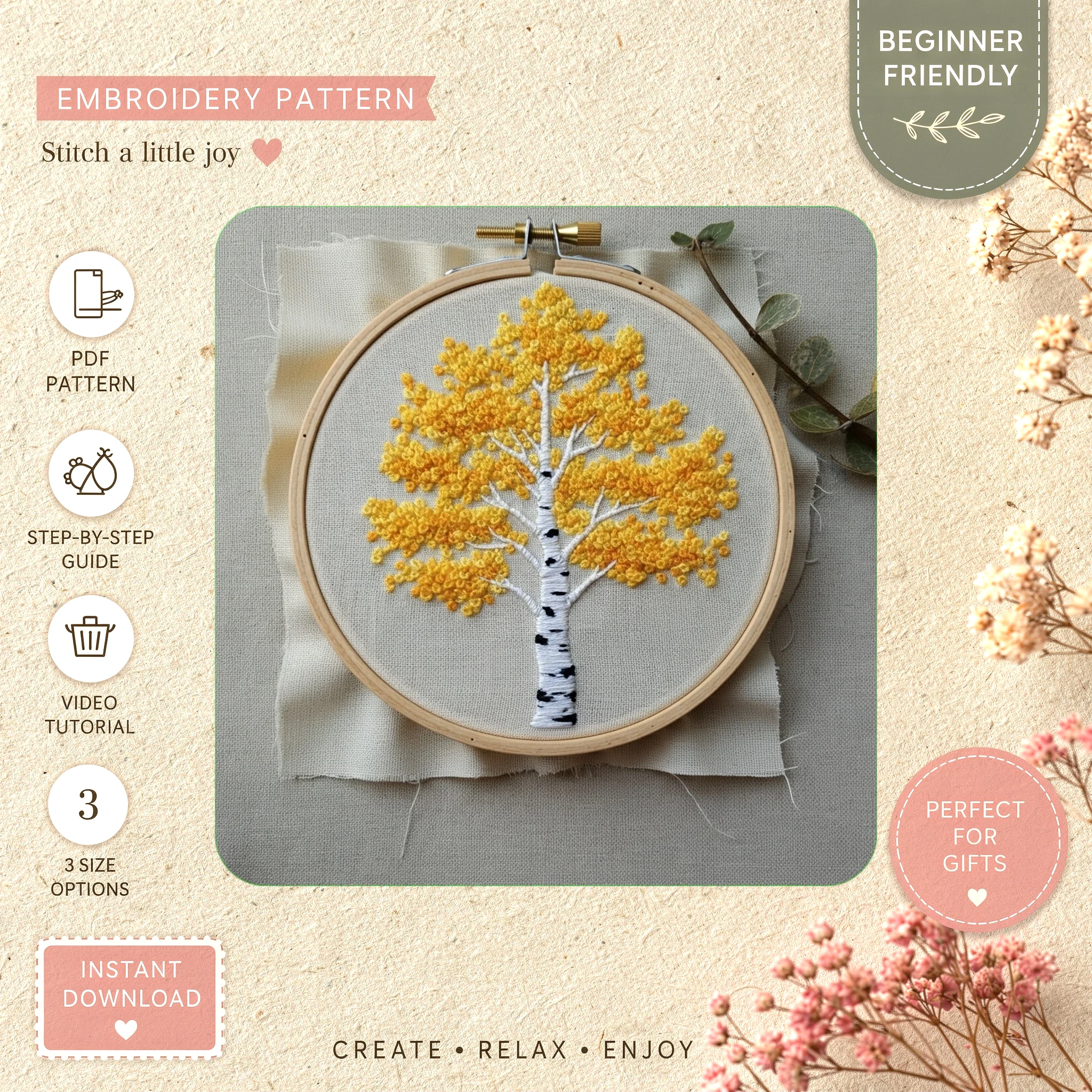 Main preview of seasonal vivid tree yellow hand embroidery pattern showing leaves, tree, nature, and home in a hand stitched hoop art design