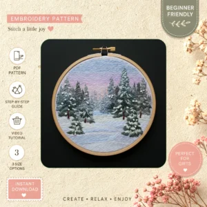 Main preview of seasonal winter forest snow hand embroidery pattern showing forest, trees, and cabin in a hand stitched hoop art design