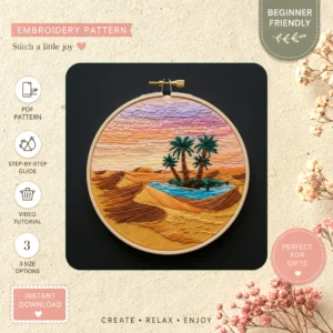 Main preview of serene beach nature picturesque hand embroidery pattern showing tree, sunset, sky, nature, and beach in a hand stitched hoop art design