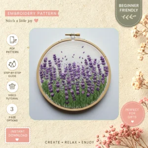 Main preview of serene lavender field tranquil hand embroidery pattern showing flowers, lavender, and field in a hand stitched hoop art design