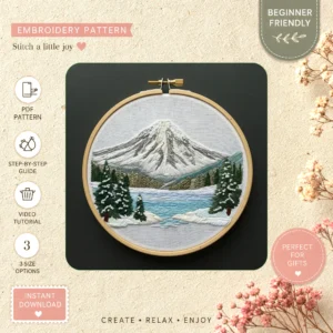 Main preview of serene mountain river wilderness hand embroidery pattern showing mountain, river, trees, and nature in a hand stitched hoop art design