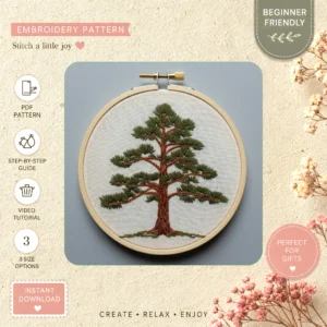 Main preview of serene pine tree various hand embroidery pattern showing floral, tree, and nature in a hand stitched hoop art design