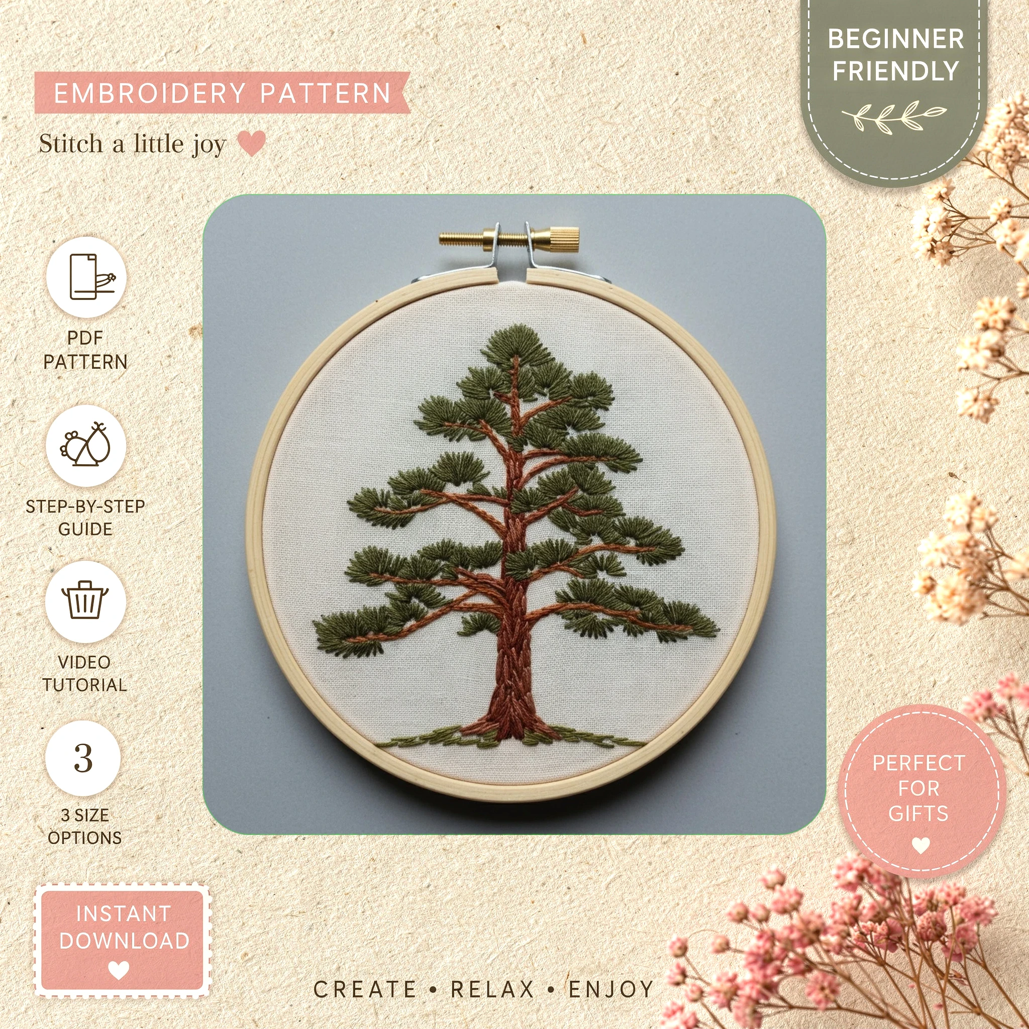Main preview of serene pine tree various hand embroidery pattern showing floral, tree, and nature in a hand stitched hoop art design