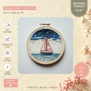 Main preview of serene seaside seascape sailboat hand embroidery pattern showing sky, ocean, wave, sailboat, and stars in a hand stitched hoop art design