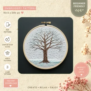 Main preview of serene tree life snowflakes hand embroidery pattern showing tree in a hand stitched hoop art design