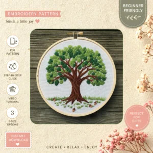 Main preview of serene tree nature inspired hand embroidery pattern showing leaves, tree, and nature in a hand stitched hoop art design