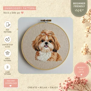 Main preview of shaggy puppy cozy furry hand embroidery pattern showing shaggy puppy cozy furry in a hand stitched hoop art design