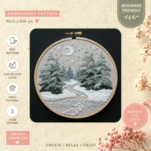 Main preview of snowy pine trail serene hand embroidery pattern showing landscape, forest, trees, path, and trail in a hand stitched hoop art design
