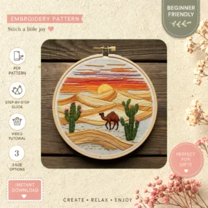 Main preview of southwestern desert cactus camel hand embroidery pattern showing desert, sunset, and home in a hand stitched hoop art design