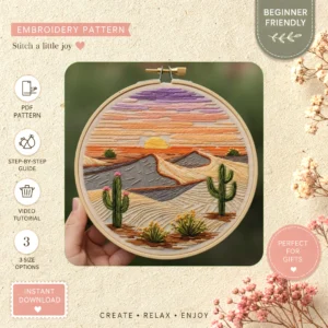 Main preview of southwestern nature desert sunset hand embroidery pattern showing mountains, desert, sunset, and nature in a hand stitched hoop art design