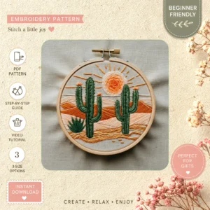 Main preview of southwestern vibes cactus sun hand embroidery pattern showing mountains, desert, nature, and sun in a hand stitched hoop art design