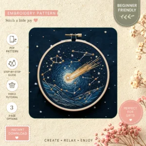Main preview of space cosmic stars shooting hand embroidery pattern showing sky, star, stars, night, and celestial in a hand stitched hoop art design