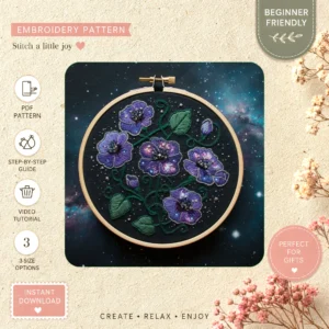Main preview of space inspired floral celestial hand embroidery pattern showing flowers, floral, nature, stars, and celestial in a hand stitched hoop art design
