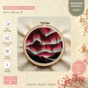 Main preview of space sky captivating cosmos hand embroidery pattern showing hills, sky, and nature in a hand stitched hoop art design