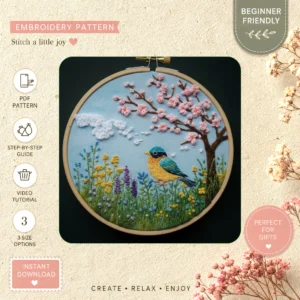 Main preview of spring blossoms bird flowering hand embroidery pattern showing bird, blossoms, tree, and nature in a hand stitched hoop art design