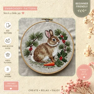 Main preview of spring bunny pinecones red hand embroidery pattern showing bunny and nature in a hand stitched hoop art design