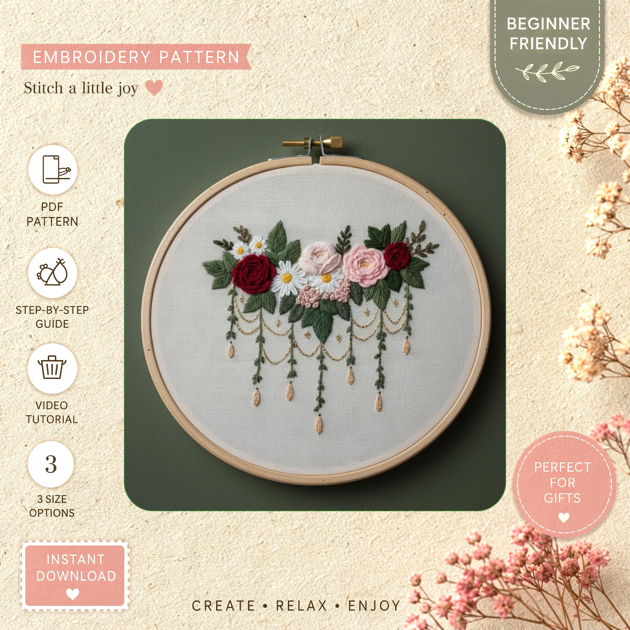 Main preview of spring floral celebrate nature hand embroidery pattern showing flowers, floral, bouquet, leaves, and nature in a hand stitched hoop art design