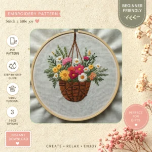Main preview of spring floral colorful flowers hand embroidery pattern showing flowers, floral, leaves, sky, and home in a hand stitched hoop art design