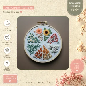 Main preview of spring floral life nature hand embroidery pattern showing flowers, floral, foliage, nature, and home in a hand stitched hoop art design