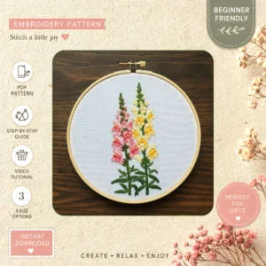 Main preview of spring floral vibrant cherry hand embroidery pattern showing floral, blossoms, foliage, nature, and home in a hand stitched hoop art design