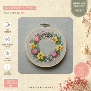 Main preview of spring floral wreath fresh hand embroidery pattern showing floral, wreath, and nature in a hand stitched hoop art design