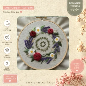 Main preview of spring floral wreath nature hand embroidery pattern showing flowers, floral, roses, daisies, and pansies in a hand stitched hoop art design