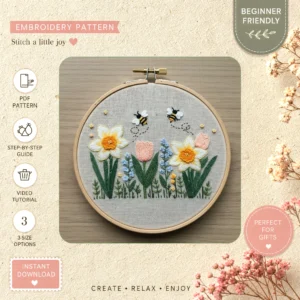 Main preview of spring flower bees picturesque hand embroidery pattern showing bees, flower, flowers, and nature in a hand stitched hoop art design