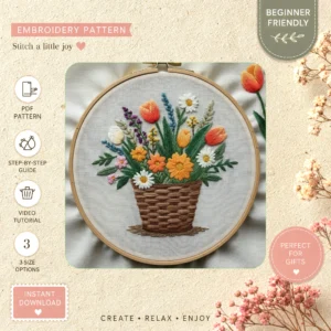 Main preview of spring flower bouquet vibrant hand embroidery pattern showing flower, flowers, bouquet, foliage, and nature in a hand stitched hoop art design