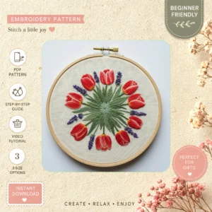 Main preview of spring flower nature inspired hand embroidery pattern showing flower, bouquet, wildflowers, nature, and home in a hand stitched hoop art design