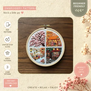 Main preview of spring flower vibrant cherry hand embroidery pattern showing flower and blossoms in a hand stitched hoop art design