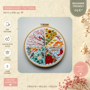 Main preview of spring inspiration nature themed hand embroidery pattern showing birds, flowers, forest, cottage, and nature in a hand stitched hoop art design