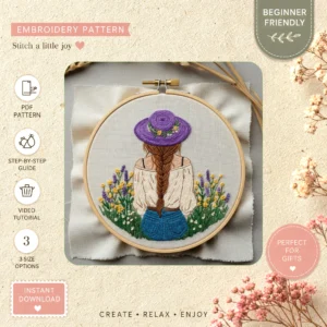 Main preview of spring pastoral serene painted hand embroidery pattern showing ladybug, flower, field, nature, and home in a hand stitched hoop art design