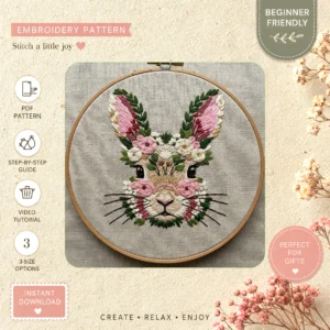 Main preview of spring rabbit flower bouquet hand embroidery pattern showing rabbit, bunny, flower, flowers, and floral in a hand stitched hoop art design