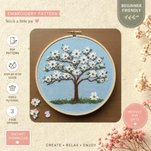 Main preview of spring tree vibrant cherry hand embroidery pattern showing bird, birds, blossoms, tree, and nature in a hand stitched hoop art design