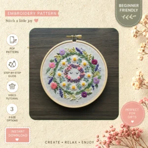 Main preview of springtime cottage cozy floral hand embroidery pattern showing floral, foliage, cottage, and nature in a hand stitched hoop art design