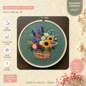 Main preview of springtime flower bouquet vibrant hand embroidery pattern showing flower, flowers, bouquet, and home in a hand stitched hoop art design