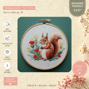 Main preview of squirrel floral cute blooming hand embroidery pattern showing squirrel, flowers, and floral in a hand stitched hoop art design