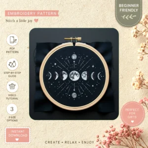 Main preview of starry night constellation stunning hand embroidery pattern showing moon, stars, galaxy, night, and celestial in a hand stitched hoop art design