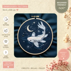 Main preview of starry night fish celestial hand embroidery pattern showing fish, moon, stars, night, and celestial in a hand stitched hoop art design