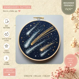 Main preview of starry night magic sky hand embroidery pattern showing sky, star, stars, and night in a hand stitched hoop art design