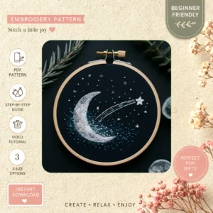 Main preview of starry night moon stars hand embroidery pattern showing trees, nature, moon, stars, and night in a hand stitched hoop art design