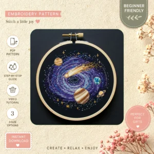 Main preview of stellar astronomy themed inspired hand embroidery pattern showing stars, celestial, and planets in a hand stitched hoop art design