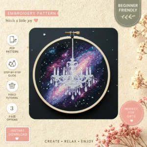 Main preview of stellar chandelier elevate decor hand embroidery pattern showing galaxy, celestial, and home in a hand stitched hoop art design