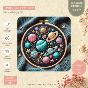 Main preview of stellar embroidered solar system hand embroidery pattern showing stars, celestial, and planets in a hand stitched hoop art design